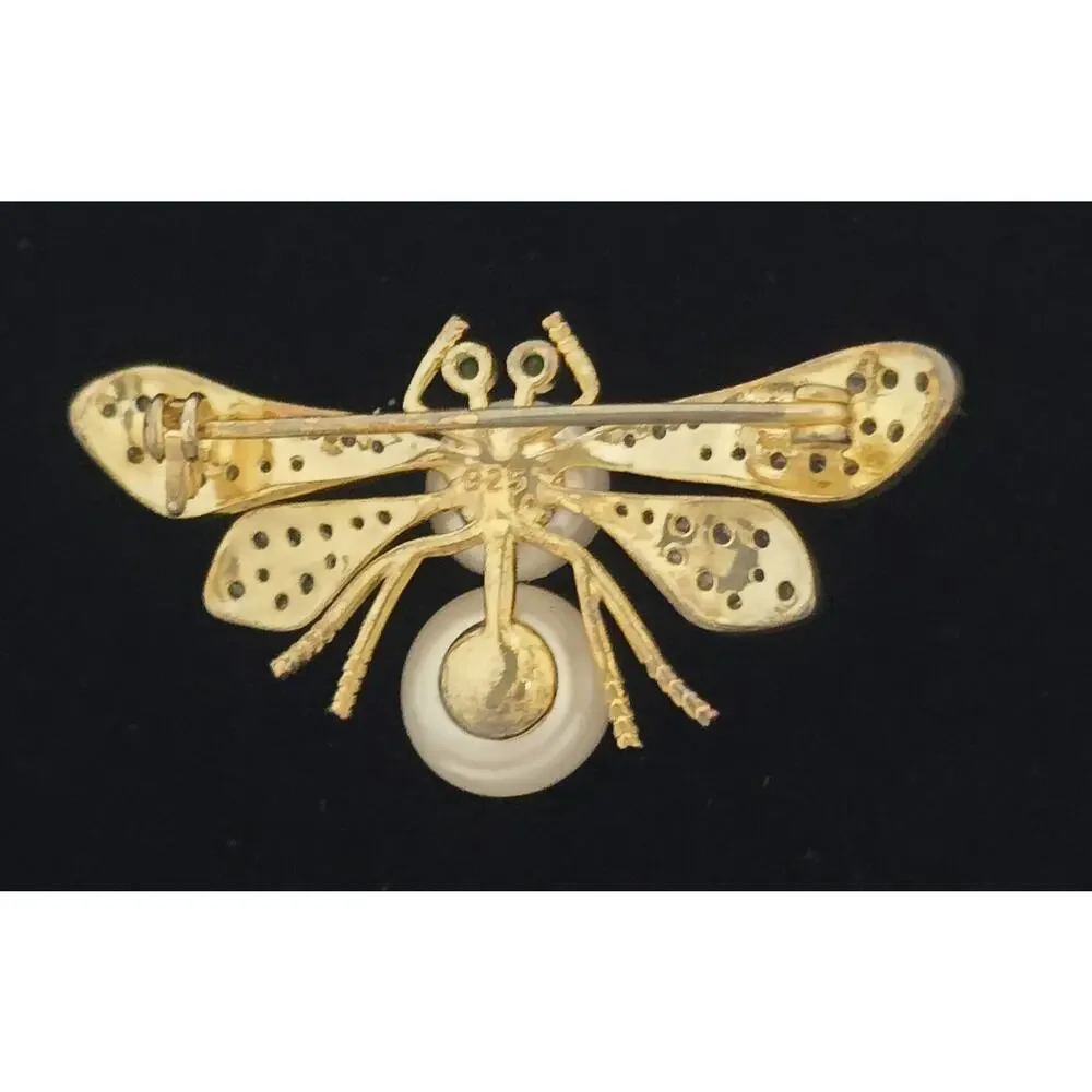 Sterling 925 Gold Plated 18k Bee Brooch Pin Cultured Pearls CZs